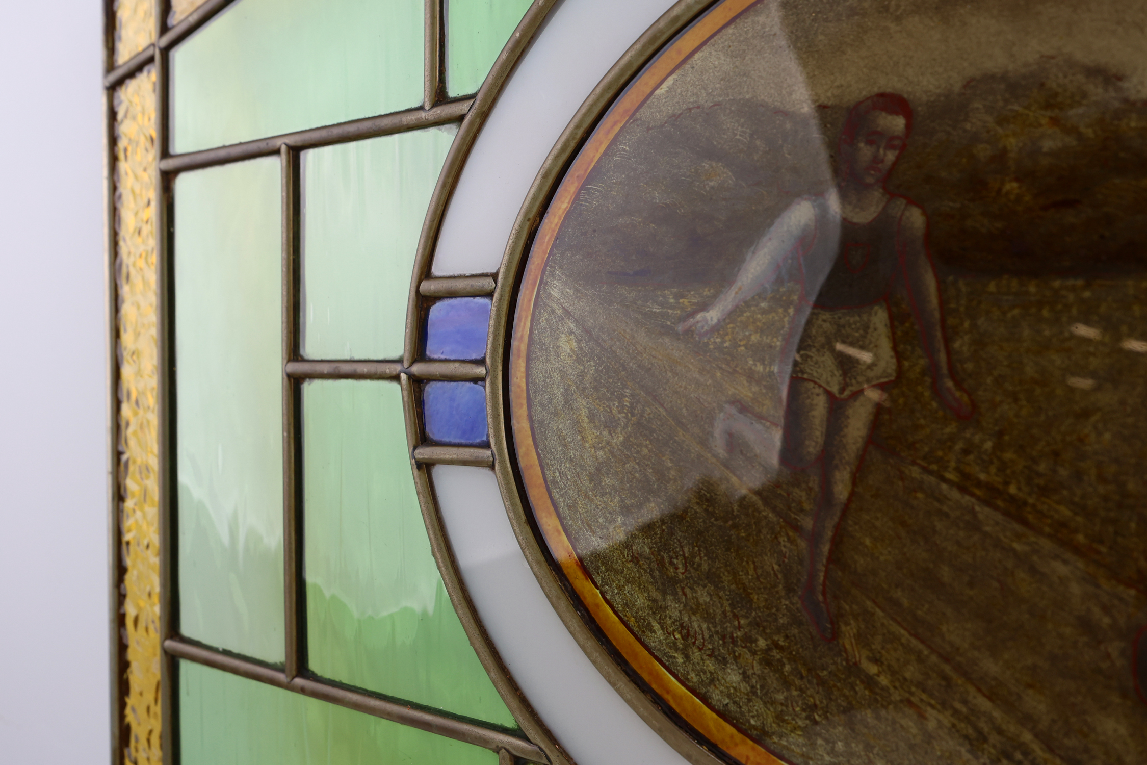 Art Deco Stained Glass Panel Depicting Runners in Motion, Belgium ca. 1910thumbnail